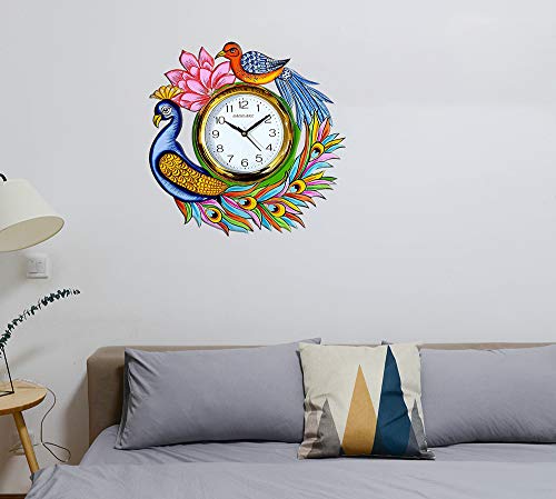 Image of Wooden Handmade Round Vintage Peacock Analog Wall Clock for Home Decor & Living Room