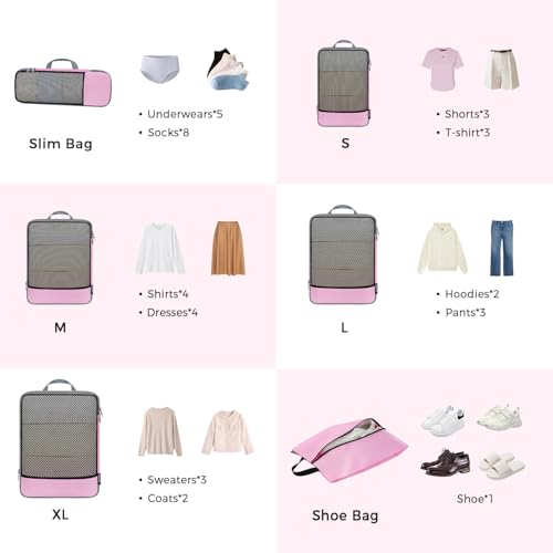Image of BAGAIL 4 Set /6 Set /8 Set Compression Packing Cubes Travel Accessories Expandable Packing Organizers (Half Mesh, 6-Pink)