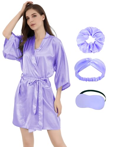 Image of MORFORU Women Bride Bridesmaid Silky Satin Kimono Robe Solid Color Sleepwear for Wedding Party Getting Ready, Short
