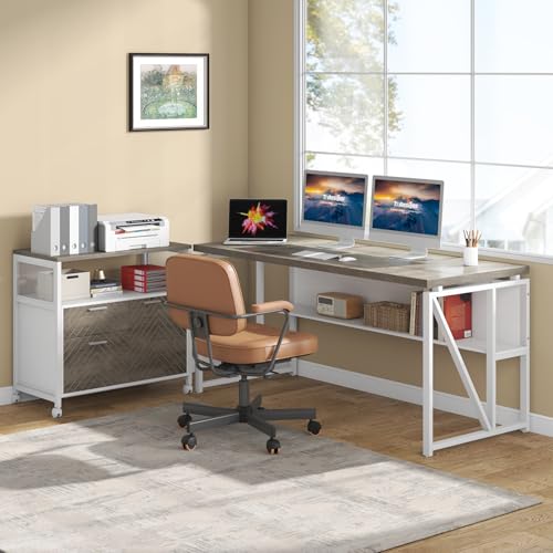 Image of Tribesigns L Shaped Desk with Drawer Cabinet, 63 inch Executive Computer Desk and lateral File Cabinet, 2 Piece Home Office Furniture with Drawers for Hanging File, Doors with Locks (Dark Oak, 63-inches)