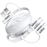 LISEN 5-in-1 Fast Charging Retractable Cable for iPhone, iPad, Samsung - 60W Charger with USB-C/A Ports for Phones, Tablets, White