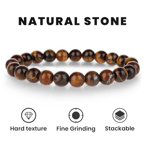3Pcs Beaded Bracelets for Men – 8mm Beads Stretch Elastic Spiritual Bracelets Jewelry Gift for Men Women Black Obsidian, Hematite, Tiger Eye Stone3