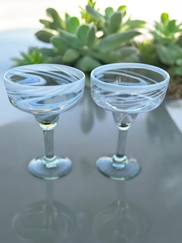 White Swirl Margarita Glasses; Hand-Blown Mexican Glassware; 7” Tall, 5” Wide; Dishwasher Safe (4 Glasses)