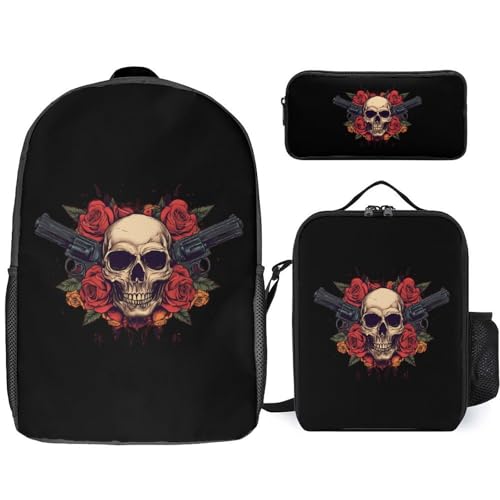 Skull with Roses Classic Backpack Lunch Bag Pencil Case 3 Piece Set Travel Daypack