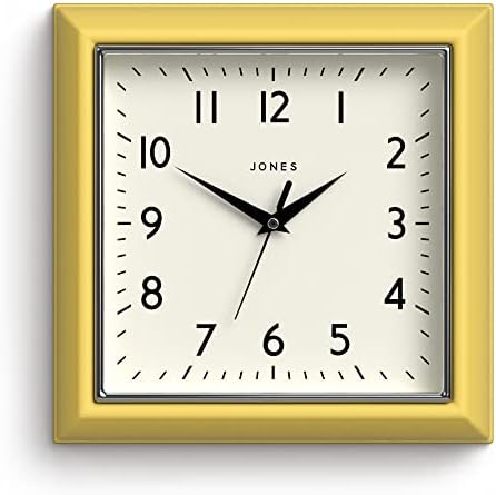Jones Clocks® Mustard Square Retro Wall Clock Modern Colour Design Perfect as a Kitchen Clock, Living Room Wall Clock or Office Clock with Easy to Read Numbers 25cm (Black)