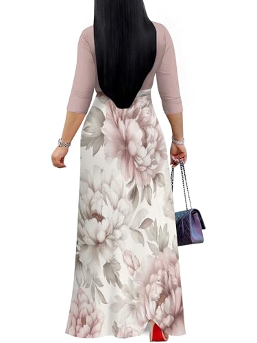 Image of SUZONANA Plus Size Dresses for Women Floral Print Maxi Dress Flowy 3 /4 Sleeve with Belt