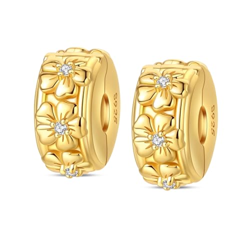 2Pcs Clip Stopper Beads Fit For Pandora Bracelet Sterling Silver Spacer Charms For Bracelets Hypoallergenic Bead Charm For Jewelry Diy Gifts - Gold Flower Charm