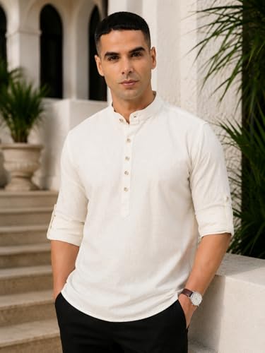 Image of Majestic Man Men's Pure Cotton Solid Mandarin Collar Slim Fit Roll-Up Sleeves Short Kurta Lightweight Summer Kurta for Daily & Occasion Use