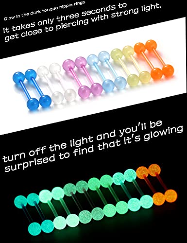 Oufksiyy 14G 16mm 14mm Glow in Dark Flexible Acrylic Straight Tongue Rings Plastic Nipple Ring Retainer Body Piercing Jewelry for Women Men 24PCS(12Pairs 14 Gauge Piercings2