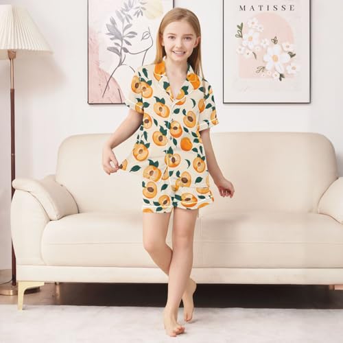 Peach with Leaves Pattern Summer Satin Pajama Set, Cute Button-Down Sleepwear Pj Set for Sleep Wears3