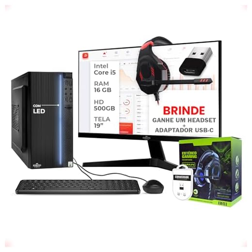 Computador Completo Intel Core i5 16GB HD 500GB + Headset + Adaptador USB-C Monitor 19" 4 Núcleos Super Turbo Pc Hdmi Teclado e Mouse Strong Tech