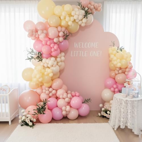 Image of Pink and Yellow Balloon Arch Garland Kit 157pcs, Pastel Pink Light Pink Yellow Sand White Balloons Arch Kit for Birthday Baby Shower Bridal Shower Wedding Bee Bear Themed Party Decorations