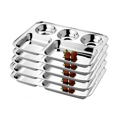 KC Stainless Steel Partition Plate 5 in1/Bhojan Thali/Compartment Plate/Steel Thali/Dinner Plate Set of 6