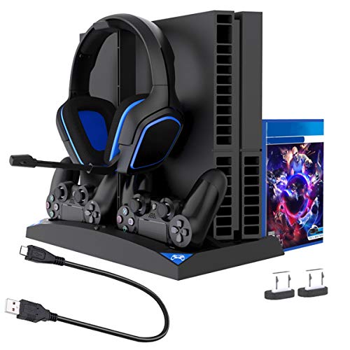 FAMKIT Stand Cooling Fan for PS4 Slim / PS4 Pro/Playstation 4, PS4 Vertical Stand Cooler with Dual Controller Charging Dock Station 16 PCS Game Storage for PS4 Slim/PS4 Pro/Playstation 4