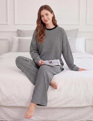 Image of MISSACTIVER Women's 2 Piece Striped Lounge Set Long Sleeve Oversized T-Shirt Wide Leg Pants Matching Pajamas Set