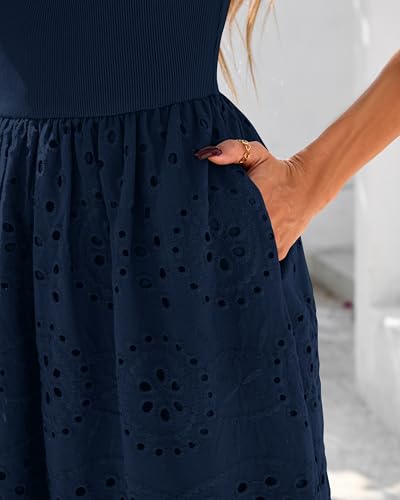 Image of dowerme Women Summer Dresses 2026 Casual Sleeveless Crewneck A-Line Boho Lace Eyelet Cotton Tank Maxi Dress with Pockets