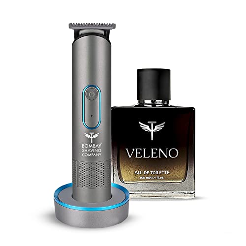 Image of Bombay Shaving Company Gift Set For Men | Men Trimmer & Veleno Perfume Gift Set For Men | Father Day Gift For Dad, Gifts for men | USB 2X Fast Charging Dock, 2 Yr warranty, 80Min runtime, Hair Trimmer, Shaving Machine, Beard, T Blades, 2X Fast Charging, USB Pod & Stand, Waterproof (Grey)