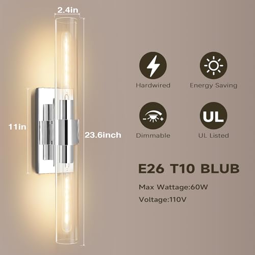 Image of Wall Sconces Set of 2, 22.8 inch Chrome Bathroom Sconces, Indoor Sconces Lighting with Glass, Nickel Vanity Lights with Tube, Dimmable Bedroom Bedside Wall Light for Dressing Table Staircase