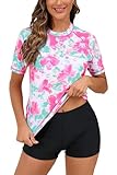 Halcurt Women Modest Swim Shirt with Shelf Bra Short Sleeve Bathing Suit with Shorts Pink M