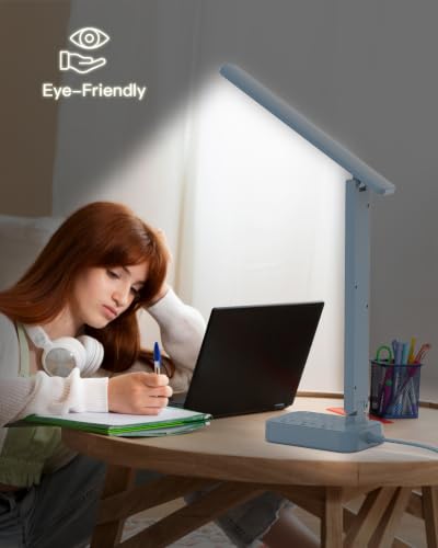 Image of Addtam LED Desk Lamp, Power Strip with 3 Outlets 4 USB Charging Ports(2 USBC), 4 Modes 5 Level Brightness Touch Lamp, Small Desk Lamp for Home Office College Dorm Room Essentials, Blue