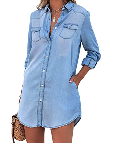 Minetom Jeans Kleider Damen Blusenkleid Hemdkleid Shirtkleid Tunikakleid Jeanskleid Langes Hemd Knopf Langarm Denim Mini Kleid B Blau S