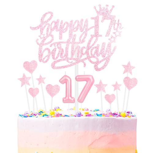 Happy 17th Birthday Candles Cake Toppers Set, Number 17 Candles for Cake, Birthday Party Candles, Light Pink Birthday Cake Candles Heart Star Cupcake Toppers for Girls Women Birthday Cake Decorations