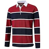 Men's Long Sleeve Polo Shirts for Men Casual Collared Striped Rugby Shirts for Men Soft Pique Cotton Dry Fit Golf Polo Shirts for Mens, L Navy Burgundy
