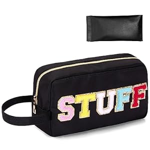 Ginsco Chenille Letter Cosmetic Bag, Large Capacity Preppy Patch Makeup Bag,Varsity Letter Stuff Pouch with Makeup Brush Holder Multipurpose Portable Travel Toiletry Bag with Carrying Handle Black