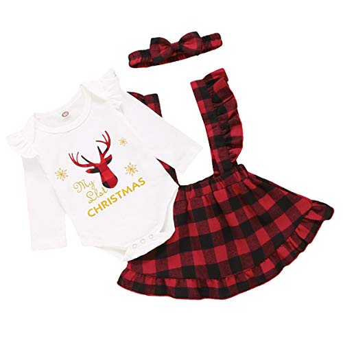 NCONCO 3 stks Baby Meisje Kerst Romper + Plaid Suspender Rok + Hoofdband Outfits voor 0-18M Meisjes - Afbeelding 4