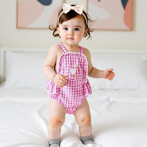 Newborn Baby Girl Clothes Gingham Goose Lace Bow Ruffle Romper Sleeveless Backless Bodysuit Infant Farm Outfit2