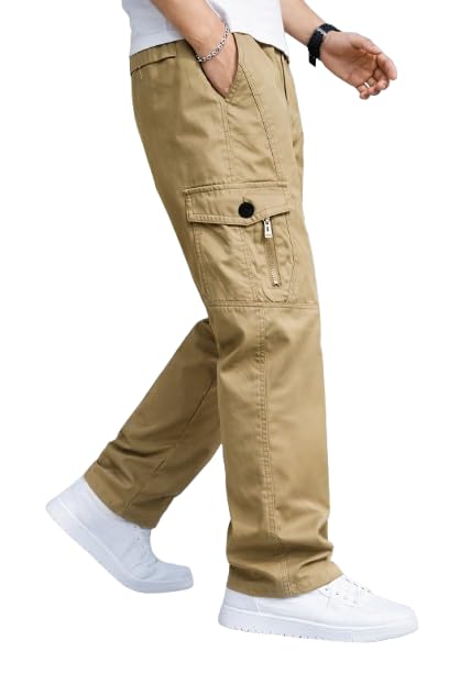 Image of Men's Utility Cotton Cargo Trousers,Men's Multi-Pocket Casual Cargo Pants
