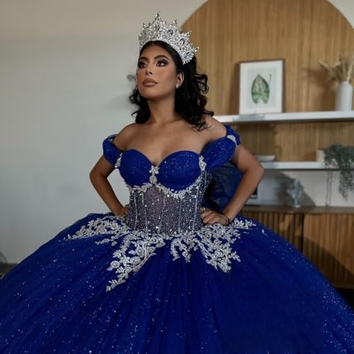 Mouccy Off Shoulder Quinceanera Dresses with Ruffles Layered XV Dresses for Quince Beaded Lace Sweet 15 16 Dresses with Bow4