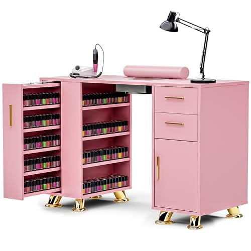 MOMOKOVA Manicure Table with Dust Collector, Modern Nail Station Nail Desk for Nail Tech with Wrist Rest, Storage Drawer & Cabinet, Beauty Salon Workstation, Pink