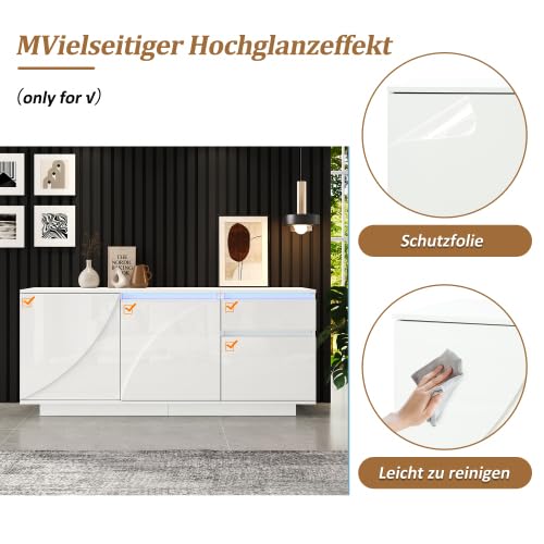 vutizal Niski kredens LED, biały, 140 x 40 x 60 cm, wysoki połysk, sterowanie za pomocą aplikacji – komoda z szafkami i szufladą do salonu