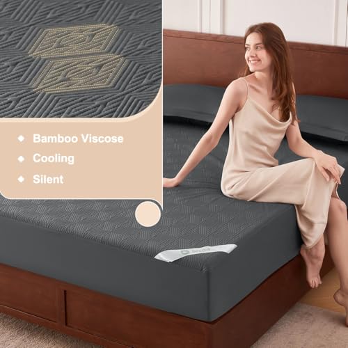 Image of Black Premium Jacquard 100% Waterproof King Mattress Protector, Noiseless, Anti - Slip, Breathable Bed Cover, Rayon from Bambo, Quilted, Mattress Pad Sheet, Deep Pocket 8 inch-21 inch