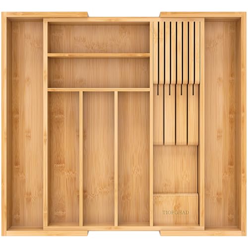 Bamboo-Silverware-Drawer-Organizer-Kitchen, Expandable Utensil Holder Cutlery Tray Flatware Organization Adjustable Wood Tableware Dividers Storage (with Removable Knife Block)(Natural)