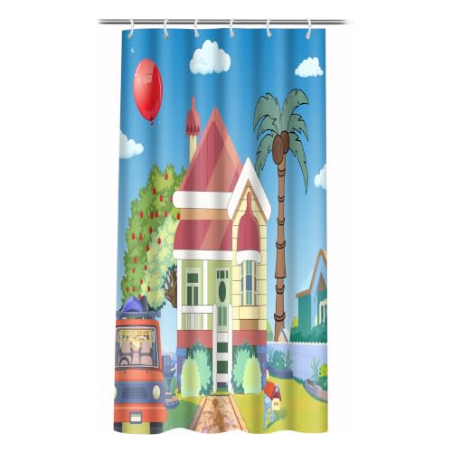 Image of Blue Them Balloon Cartoon House 36x72 Decorative Shower Curtain With Hooks | Bluey Backdrop With Cartoon House Red Balloon Print, Polyester Shower Curtain, With Hooks For Bathroom Decoration