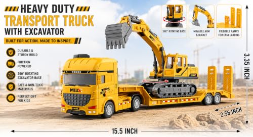 Image of Friction Powered Construction Transport Truck with Excavator Toy for Kids | Car Carrier Trucks with Movable Arm & Detachable Trailer| Engineering Vehicle for Boys & Girls (Multicolor)