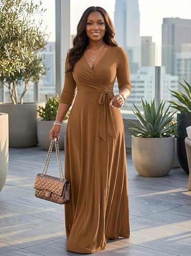 Image of PinkPatty Women's Plus Size Maxi Dresses Casual Flowy 3 /4 Sleeves Dress Printed Vacation Dress for Daily Wear with Belt