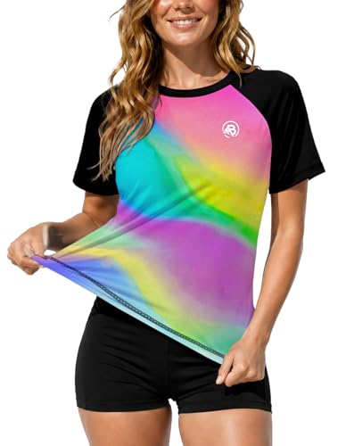 Image of AOBUTE Women Short Sleeve Rash Guard Gradient Sun Protection Swim Shirts