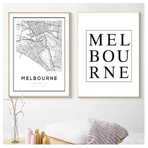 Pósteres de mapas de Carreteras de Ciudades de Australia, Lienzo para Pared, Impresiones de imágenes, Pintura en Lienzo en Blanco y Negro, Arte de Pared, decoración del hogar, 50x70cmx2 sin Marco