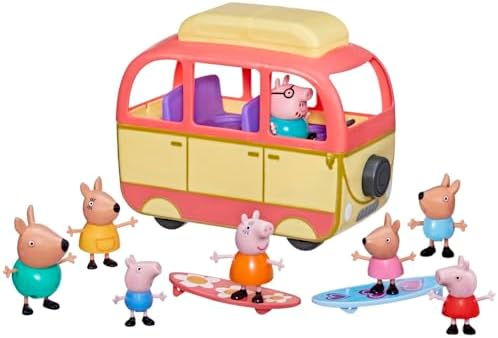 Peppa Pig Peppa Visits Australia Campervan Vehicle Preschool Toy with Rolling Wheels; Includes 8 Figures, 4 Accessories, for Ages 3 and Up,Animal Figure Set