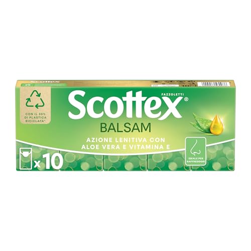 Scottex Balsam Fazzoletti, Con Balsamo protettivo, Dermatologicamente testati, 10 Pz, Confezione da 10 Pacchetti di Fazzoletti di carta