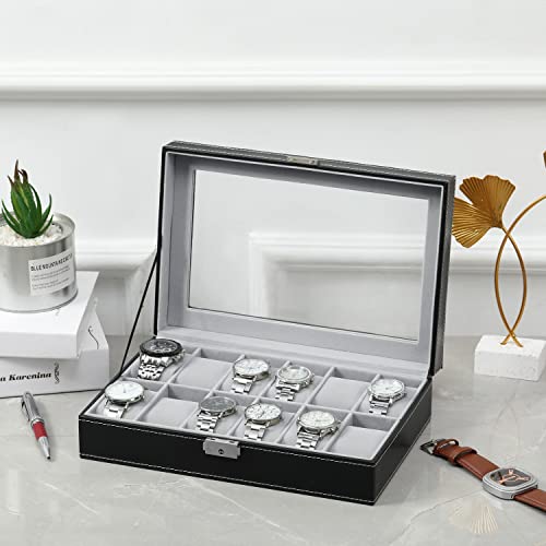 Watch Box 12 Slot Watch Display Case Organizer With Glass Top, Black Watch Storage Box For Men And Women With Pu Leather, Grey Linging #TOP1