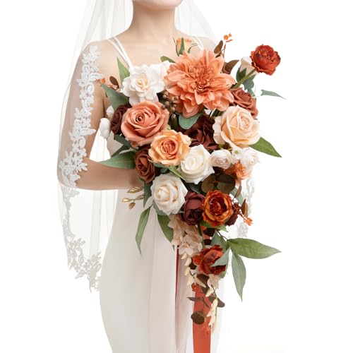 Ling's moment Bridal Bouquet Cascading Terracotta Wedding Bouquet for Bride