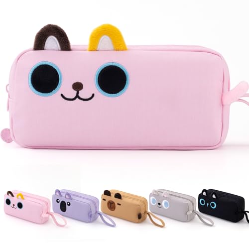 Image of CICIMELON Cartoon Pencil Case, Large Capacity Pen Pouch with Embroidered Animal Design, School Supplies Bag for Kids, Teens, Students (Pink Kitty)