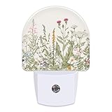 Herbs and Wild Flowers Night Light for Kids,Watercolor Green Botanical Floral Leaves Night Light Plug in with Dusk to Dawn Sensor,0.5w Energy Saving Nightlight for Hallway Stairway Kitchen Bedroom
