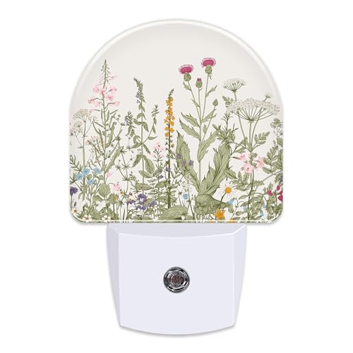 Herbs and Wild Flowers Night Light for Kids,Watercolor Green Botanical Floral Leaves Night Light Plug in with Dusk to Dawn Sensor,0.5w Energy Saving Nightlight for Hallway Stairway Kitchen Bedroom