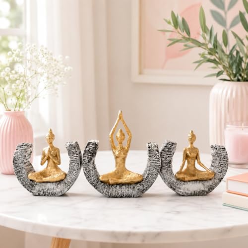 Image of Amazon Basics Serene Yoga Meditating Figurine Set for Home & Office Decor | Modern Spiritual Sculpture Showpieces for Living Room, Meditation Corner & Shelf Styling (Gold & Grey, Set of 3)
