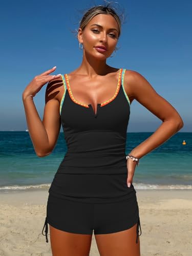 ZAFUL Womens Two Piece Tankini Swimsuit Round Neck V-Wire Modest Tummy Control Slimming Bathing Suits with High Waisted Shorts Black S — view 2